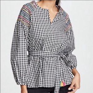 Madewell gingham pattern blouse with tassels